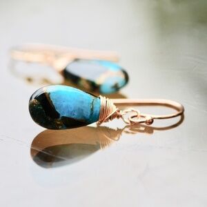 Natural Obsidian Copper Turquoise Earrings Handmade 14k Rose Gold Filled
